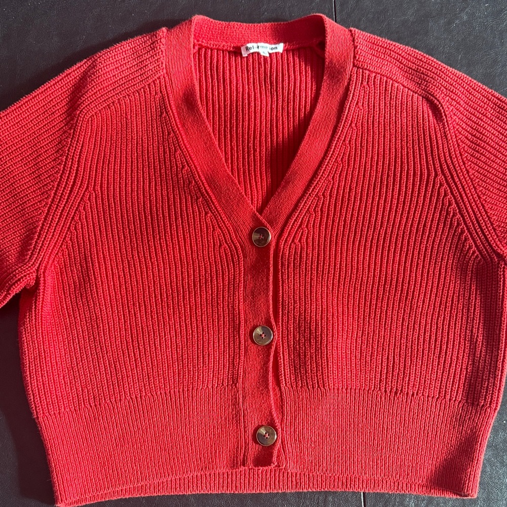 REFORMATION Red V-Neck Button-Up Women's Sweater